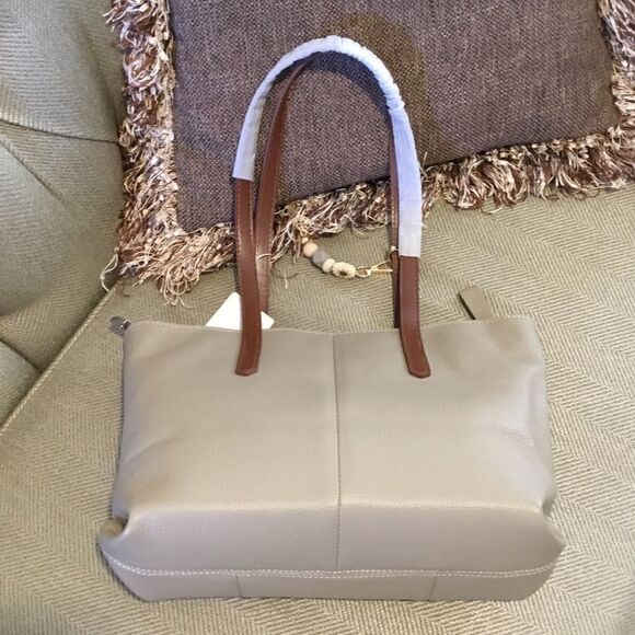 LEATHER TOTE HANDBAG SHOULDER BAG NEUTRAL COLOR - Picture 5 of 7